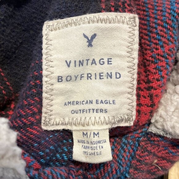 Women's American Eagle Vintage Boyfriend Flannel Shirt MEDIUM Hooded Button Up - Picture 7 of 12
